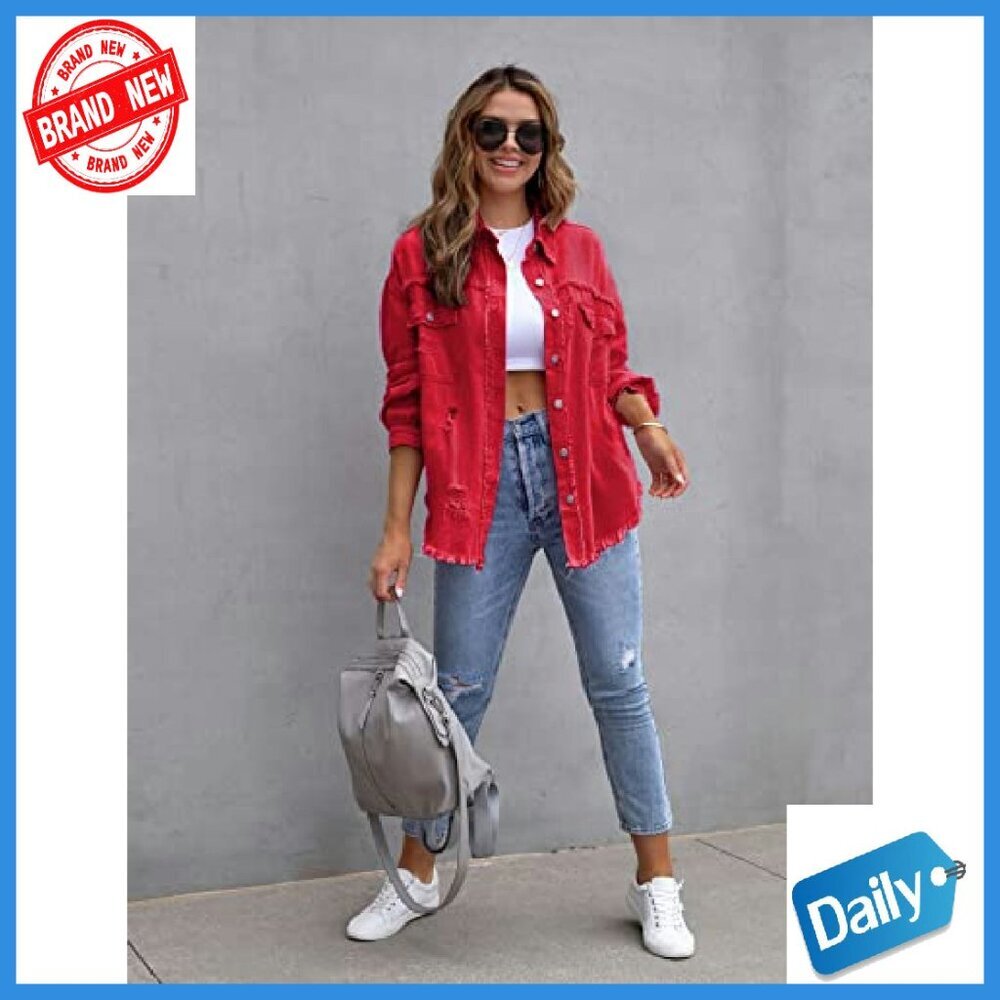 Oversized Ripped Denim Jacket Frayed Hem Button Front Boyfriend Shacket - Picture 5 of 5